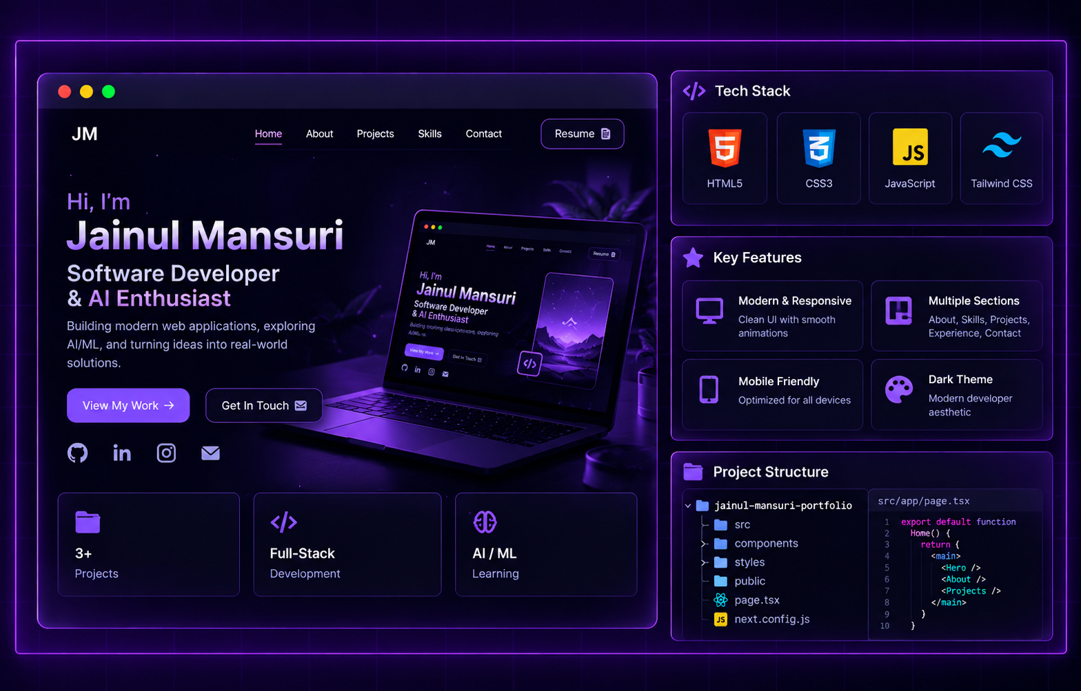 Developer portfolio website: homepage, tech stack, key features and project structure