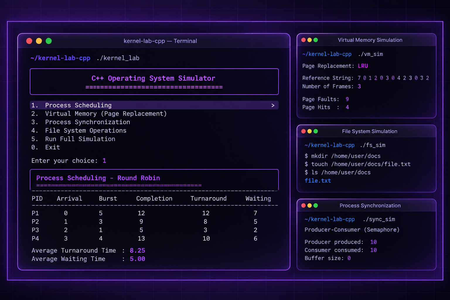 Kernel Lab C++ operating system simulator: terminal menu, scheduling output, virtual memory, file system and synchronization demos